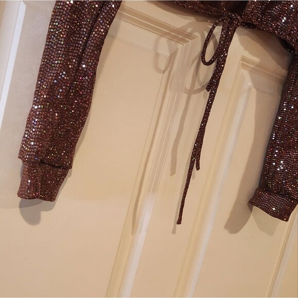 Itzy brown sequin sparkle cropped long sleeve top S - Picture 3 of 4